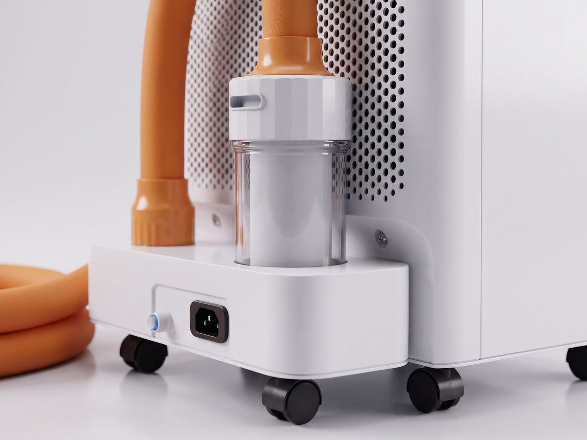 Norge N-03: the in-line filter canister, the hose fitting, the castors and the power inlet