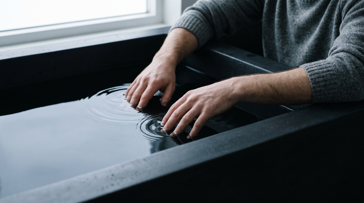 Hands on the rim of a cold immersion tub