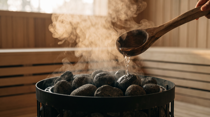 Water poured onto hot sauna stones with steam rising