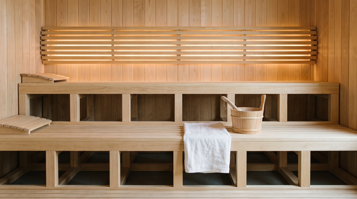 Empty pale cedar sauna with stepped benches and a folded towel