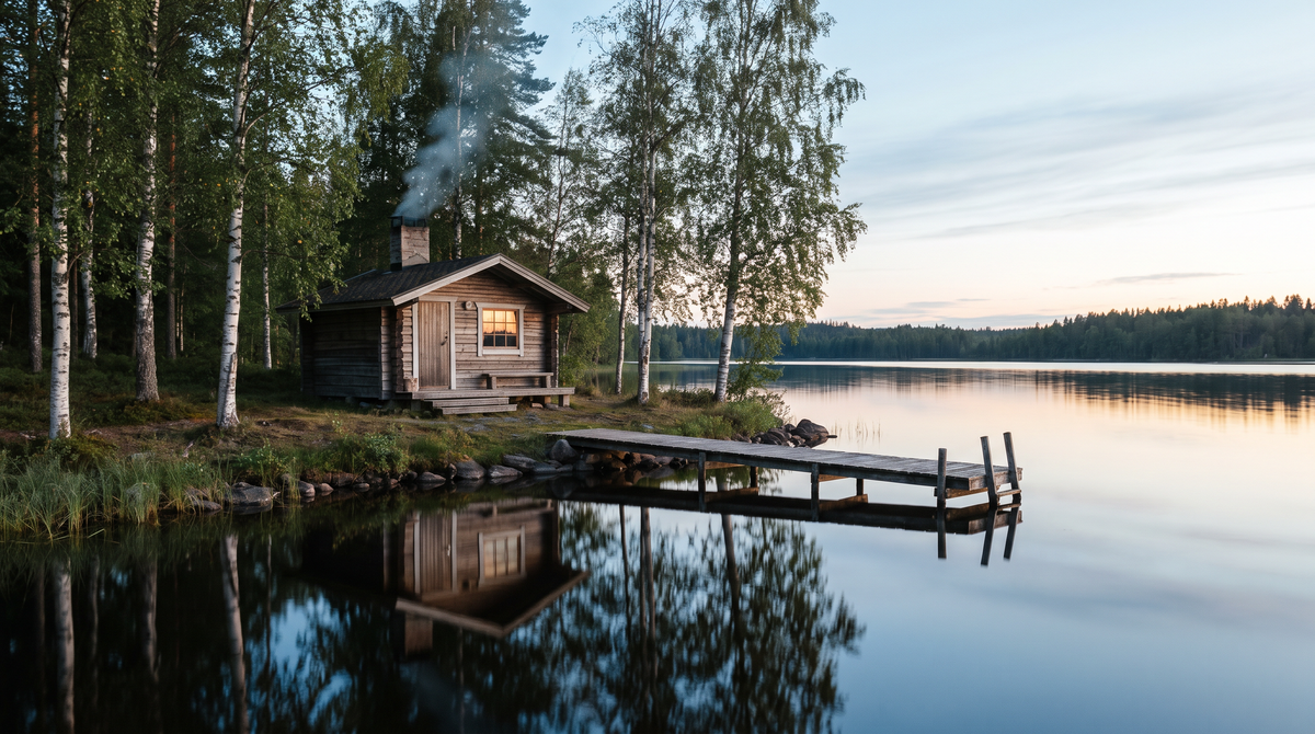Traditional Finnish lakeside sauna cabin at dusk