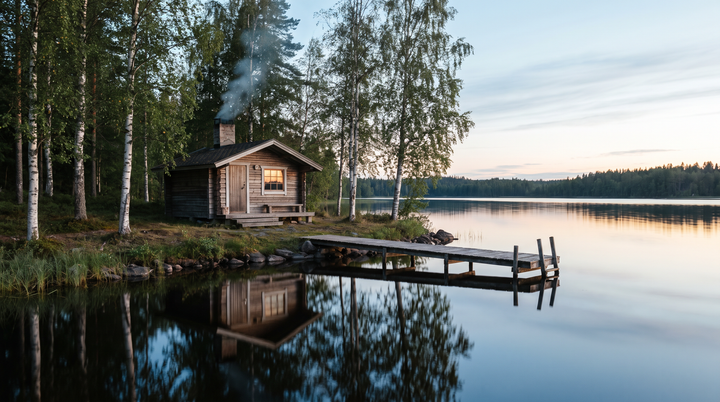 Traditional Finnish lakeside sauna cabin at dusk