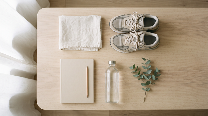 Flat lay of towel, running shoes, notebook and water bottle