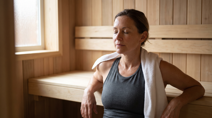 Woman resting on a cedar sauna bench after training