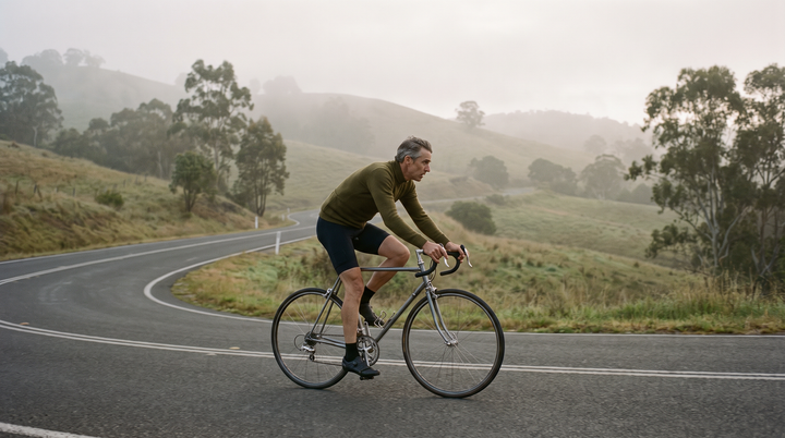 Man in his sixties cycling a quiet hill road at dawn
