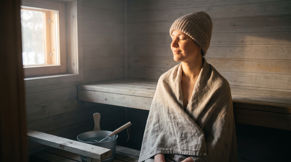 Person sitting peacefully in a warm cedar sauna