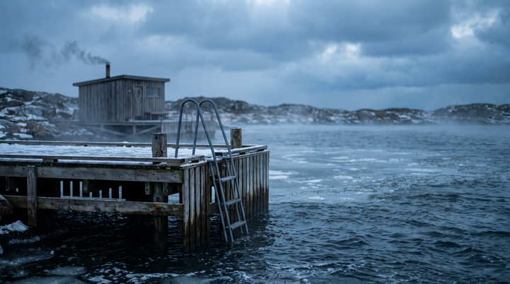 Ladder into icy harbour water with a sauna hut behind