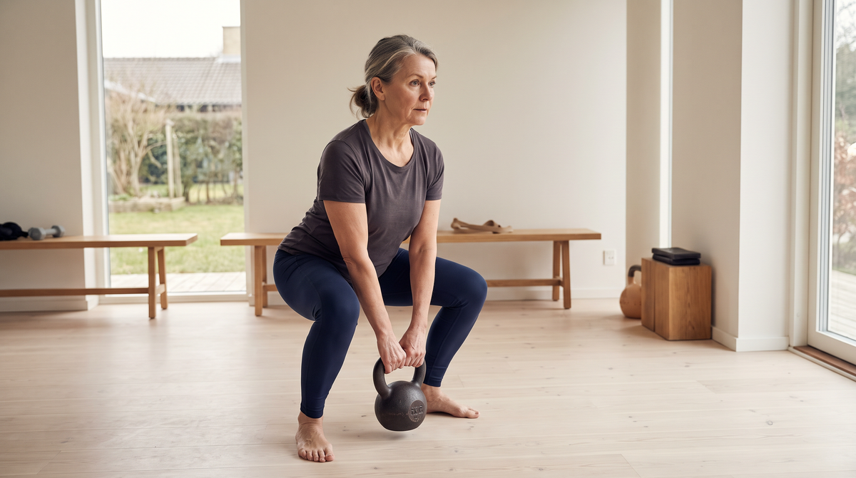 Woman in her sixties doing a kettlebell squat in a home gym