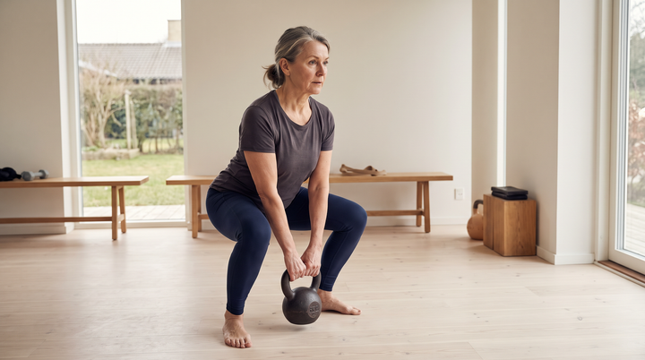 Woman in her sixties doing a kettlebell squat in a home gym