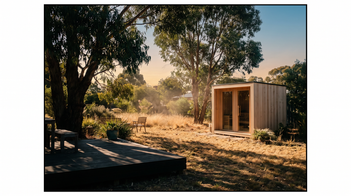 Australian backyard with an outdoor sauna cabin in early summer