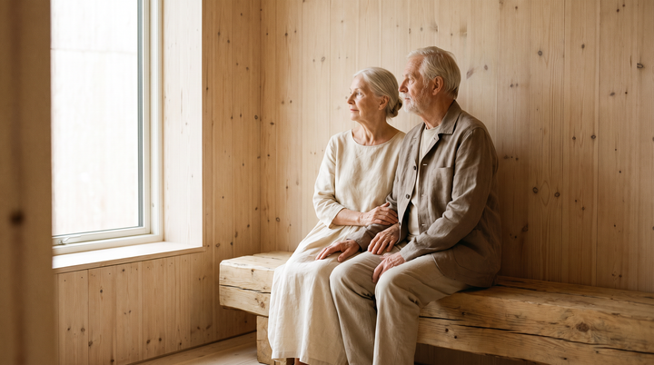 Older couple sitting together on a timber bench in soft light