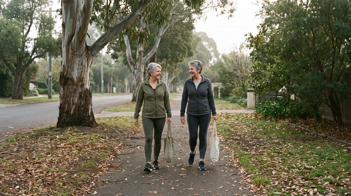 Two women in their sixties walking together on a tree-lined footpath
