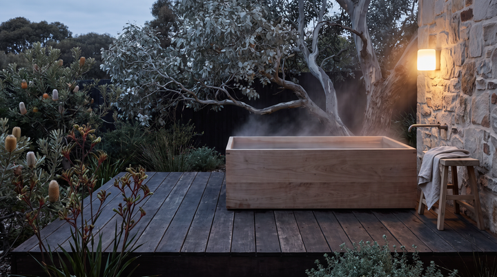 Steaming warm water tub on a timber deck in a native garden at dusk