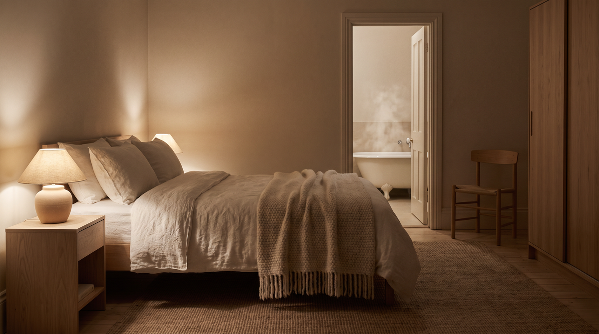 Calm bedroom at night with steam from a bath through the doorway