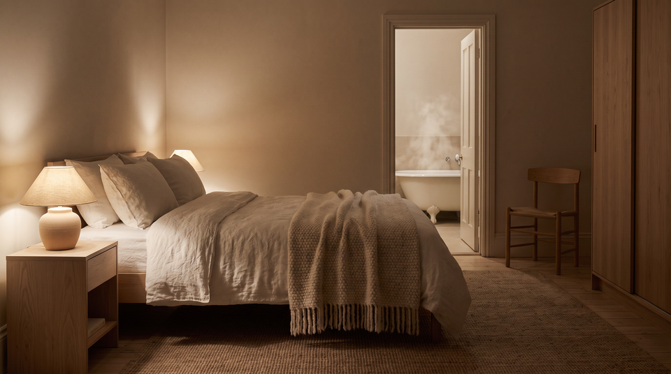 Calm bedroom at night with steam from a bath through the doorway