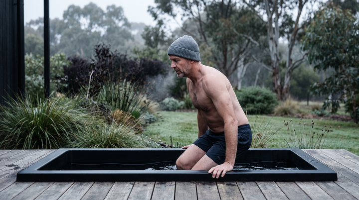 Man lowering himself calmly into a cold outdoor immersion tub