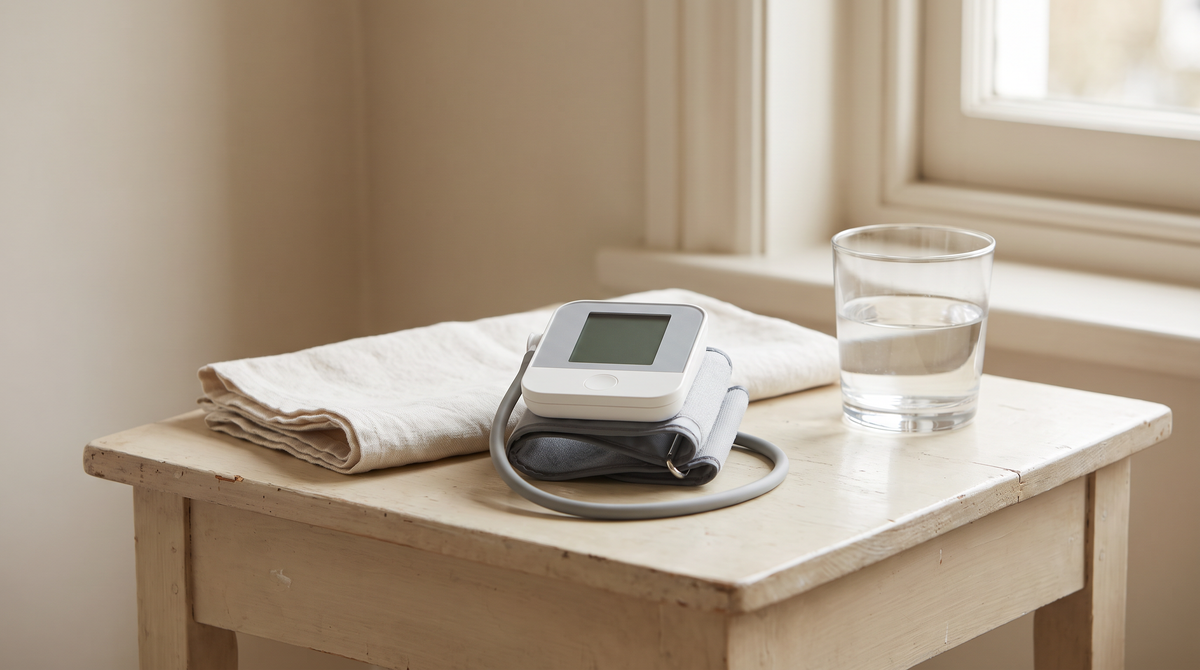 Home blood pressure monitor on a timber side table beside a towel