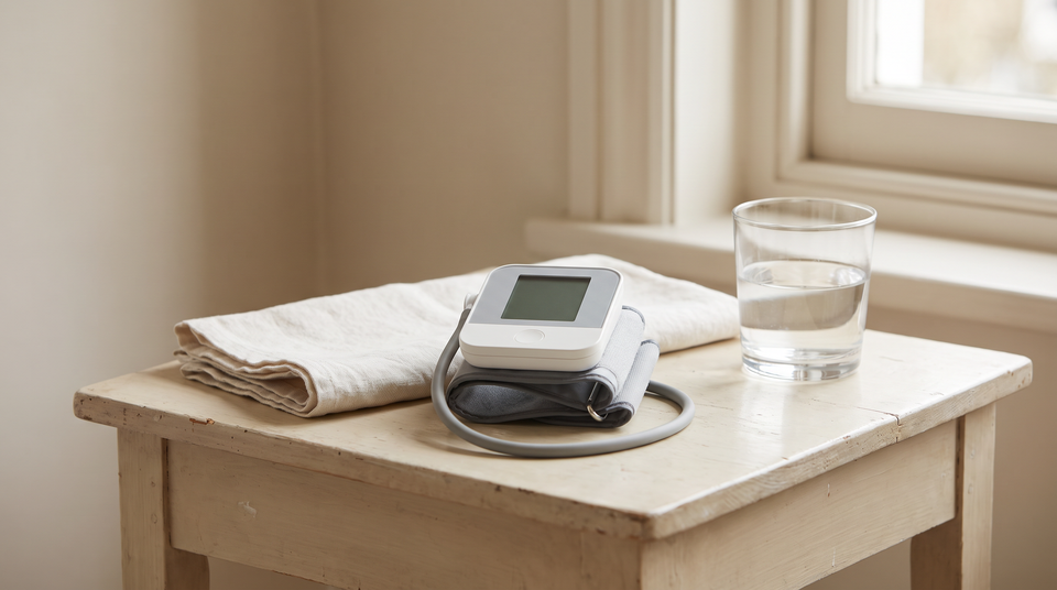 Home blood pressure monitor on a timber side table beside a towel