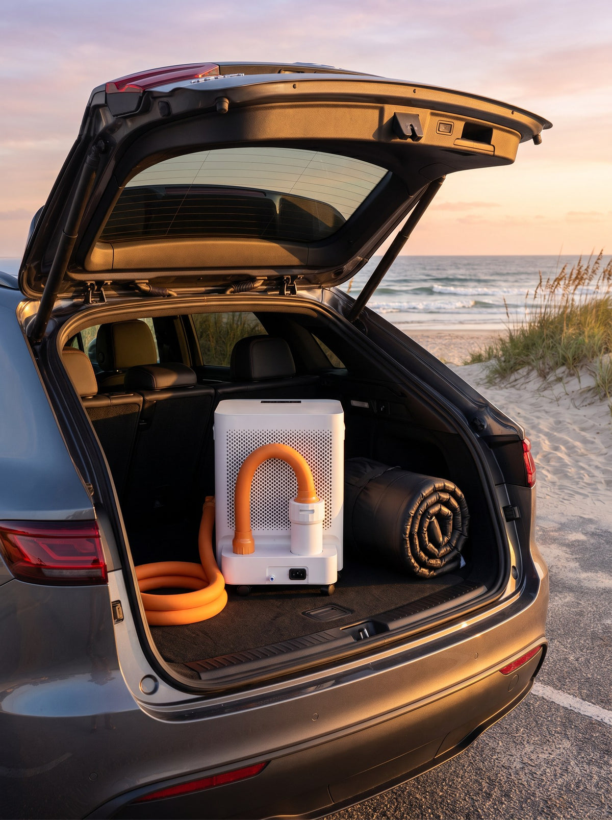 Norge N-03 in the open boot of a car at a beach car park at sunset, with its coiled hose and a rolled swag