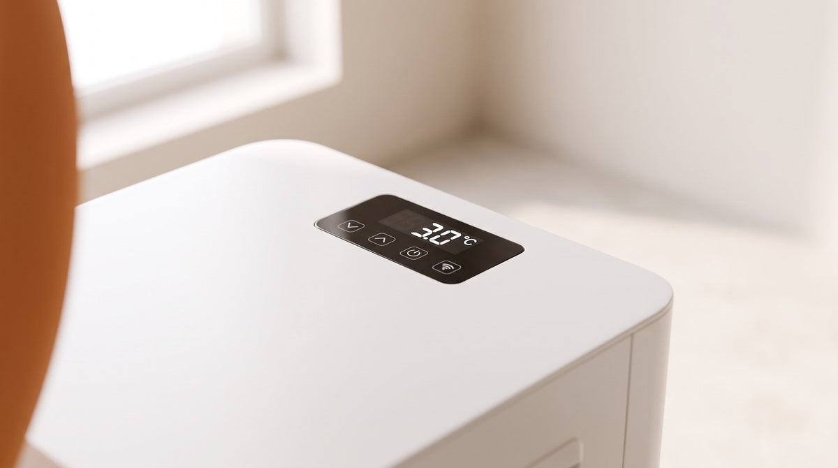 Norge N-03: the white top panel, its display reading 3.0 C, with four buttons