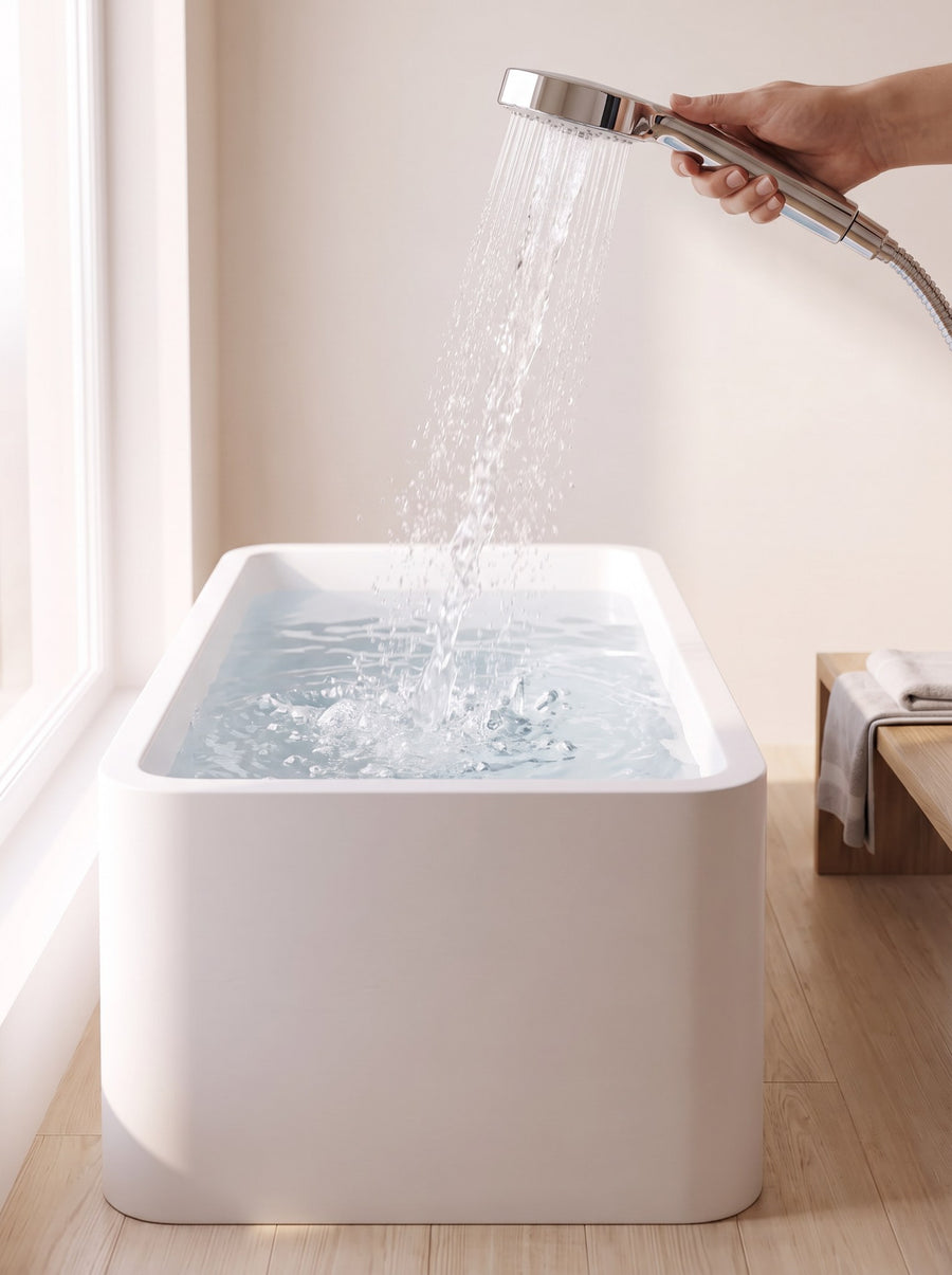 Norge N-03: a white bath being filled from a handheld shower, with ice in the water