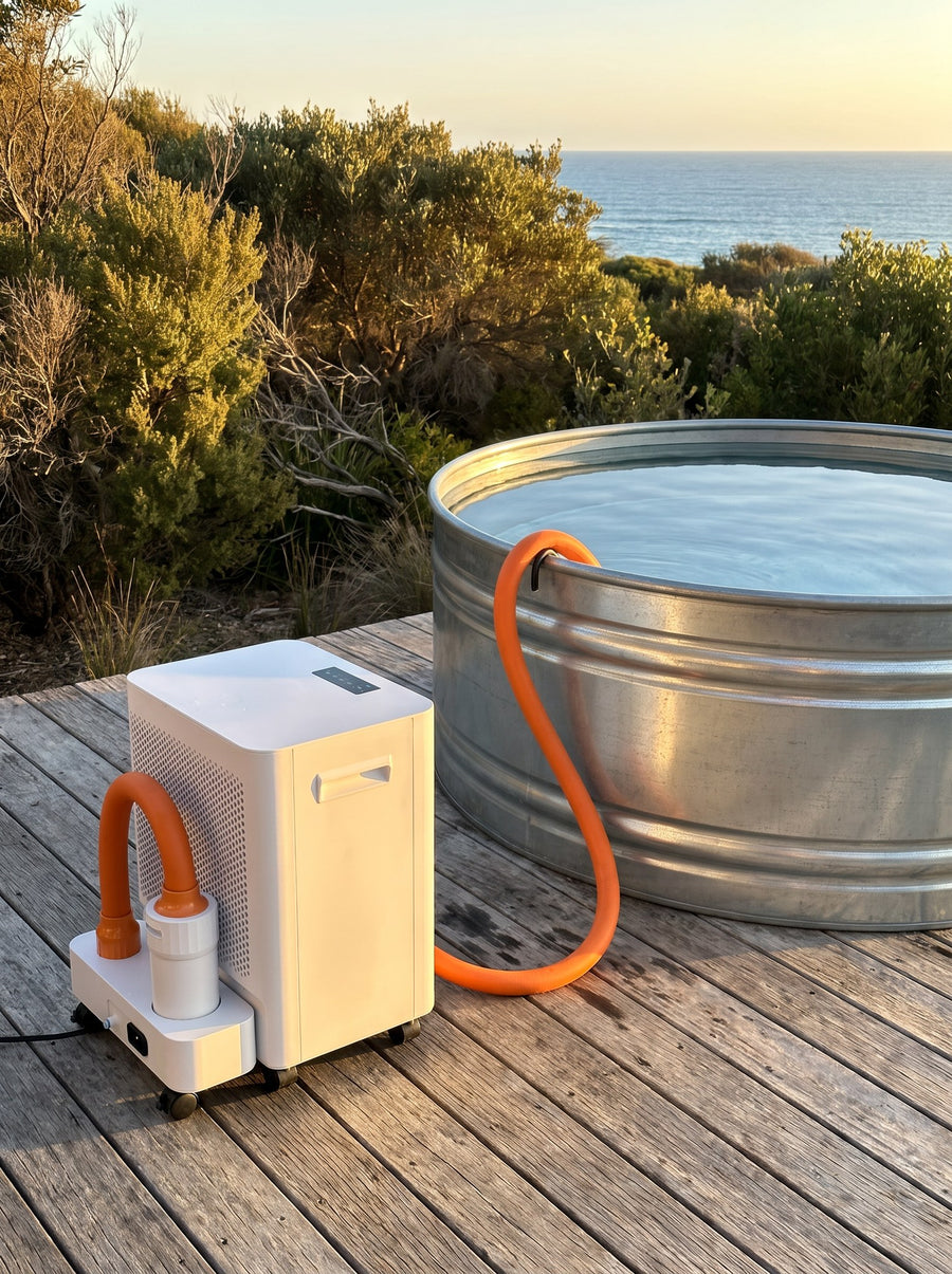 Norge N-03 in white beside a galvanised stock tank on a timber deck at sunset, above coastal scrub and the ocean