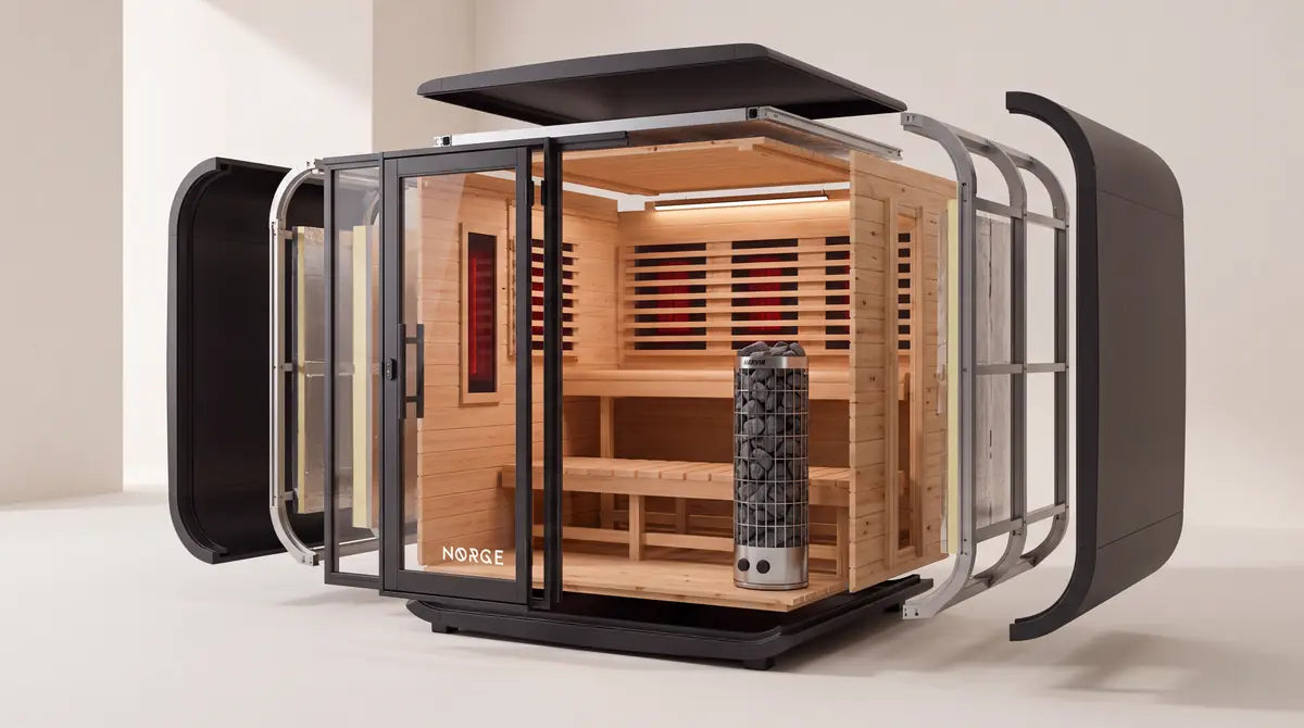 Exploded view of the Stillhet Kube: shell, frame, insulation, cedar lining and glass drawn apart